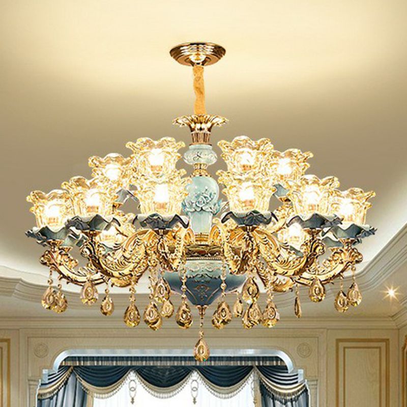 Blau geschichtete Blume auf Kronleuchter traditioneller klarer Kristallglas Schlafzimmer Suspension Licht