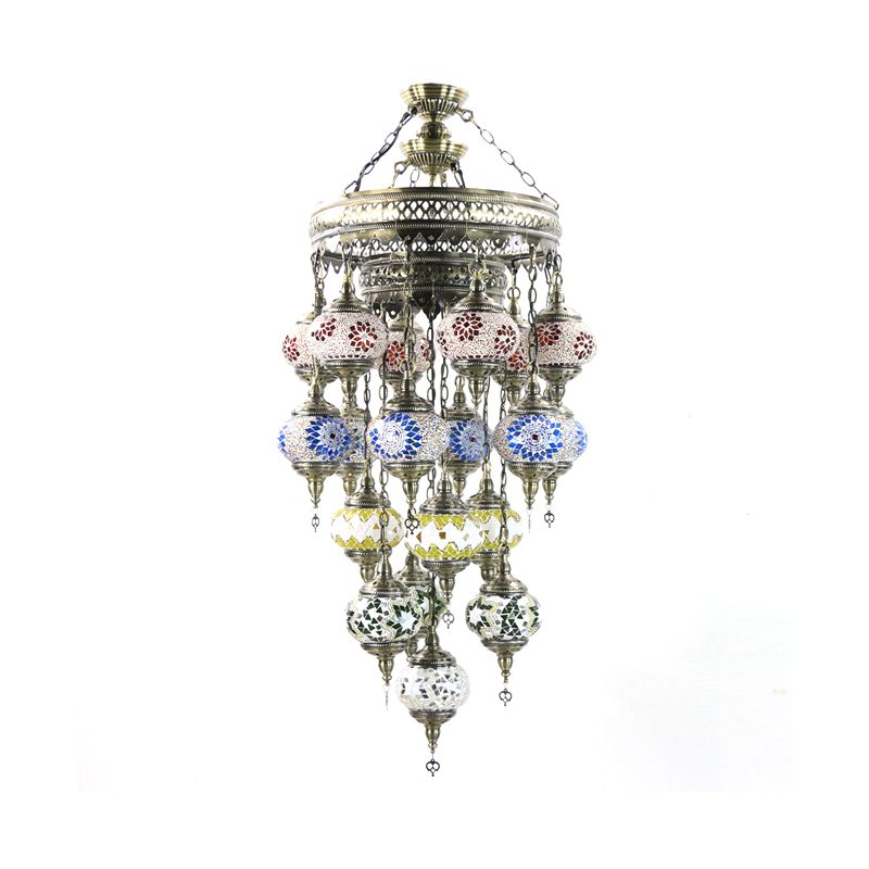 Oval Stained Art Glass Ceiling Chandelier Traditional 19 Heads Stairway Hanging Pendant Light in Blue