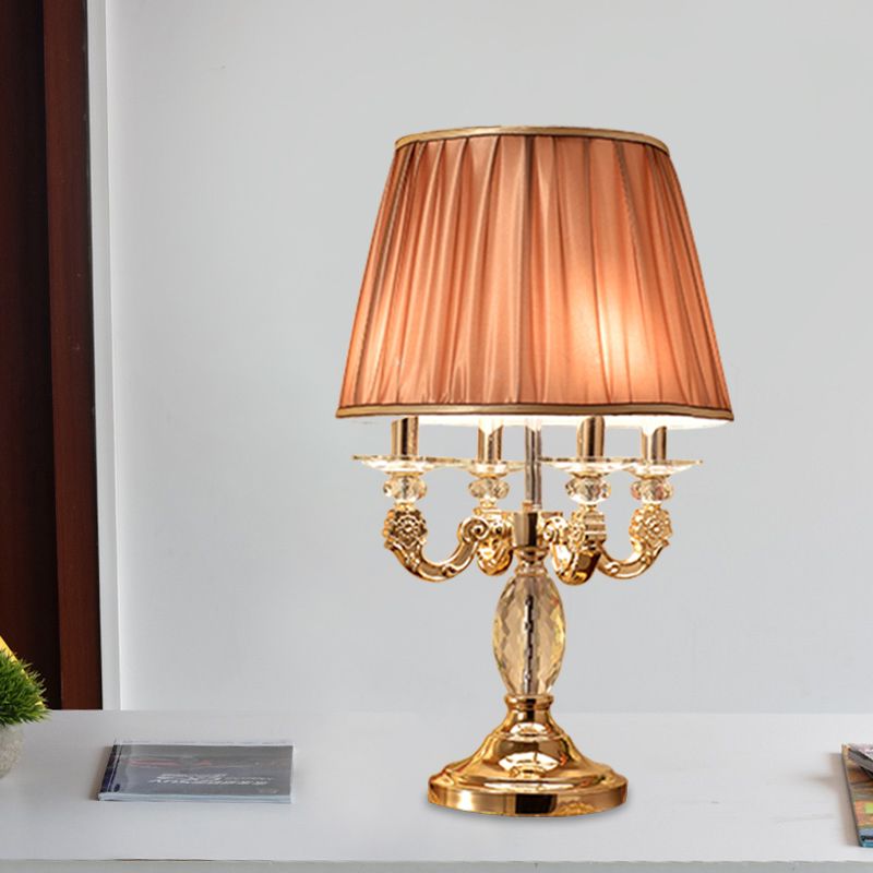 Metal Candelabra Shaded Table Light Traditional 4 Heads Sleeping Room Nightstand Lamp in Gold with Crystal Raindrops