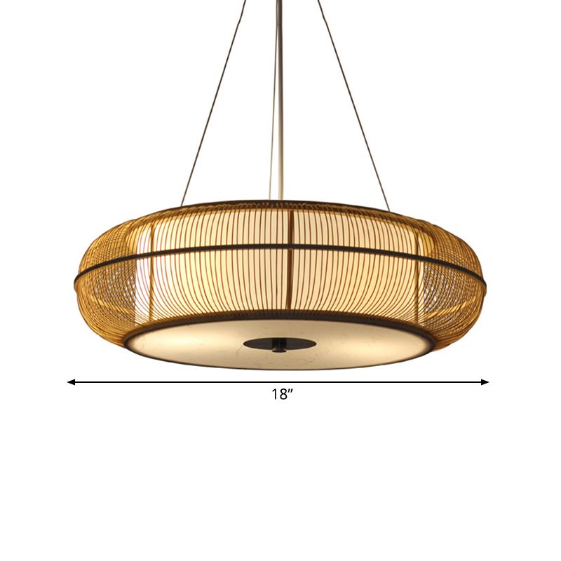 Modern Stylish Drum Shade Hanging Pendant Light Bamboo 3-Head Dining Room Ceiling Light in Black/Wood
