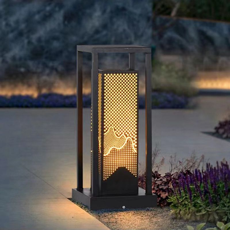 Modern Metal Pillar Lamp Rectangle Outdoor Waterproof Light in Black