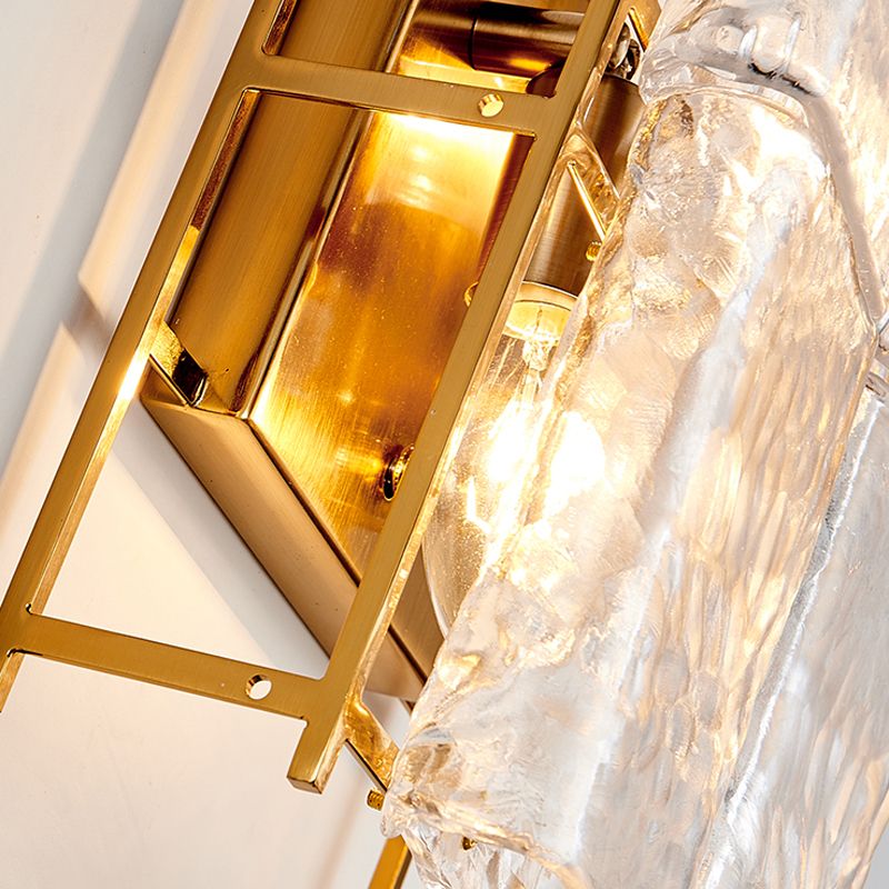 Rectangle Wall Sconce Light with Clear Water Glass Shade Modernist 2 Lights Wall Mount Light in Gold for Bedroom