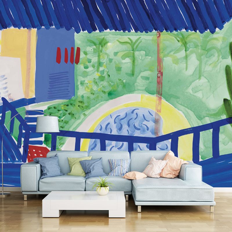 Blue-Green Artistic Mural Decal Full Size Stairs by the Pool Side Painting Wall Covering for Home