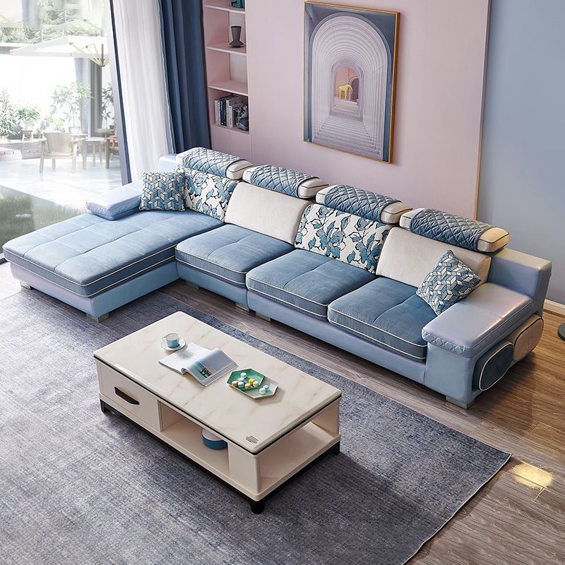 Nordic 4-Seat Sectional & Chaise Pillow Top Arm Sectional Sofa in Blue