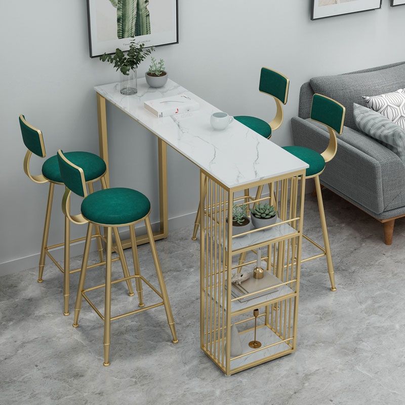 Glam White Marble Bar Dining Table Rectangle Indoor Bistro Table with Shelve