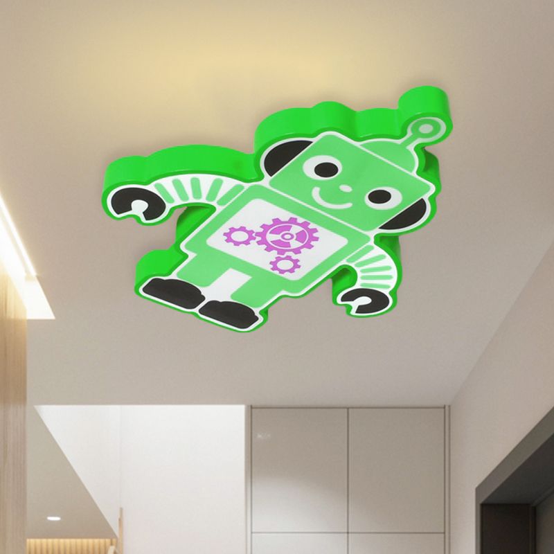 Robot Kindergarten Ceiling Lamp Iron Integrated LED Cartoon Flush Mount Fixture in Yellow/Blue/Green