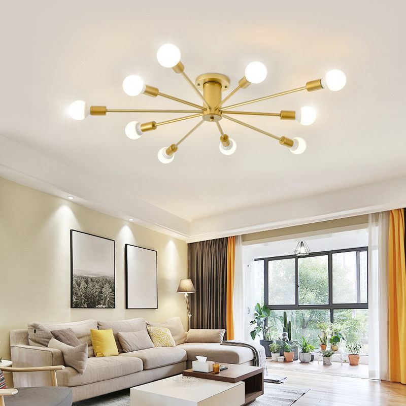 Gouden Spoetnik-plafondlamp in industriële retro-stijl smeedijzeren semi-inbouwmontage voor woonkamer