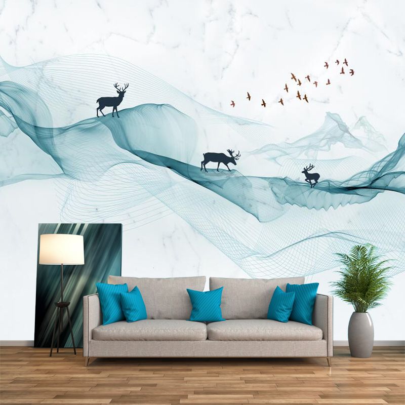 Modern Art Deer-Mountain Murals for Living Room Custom Size Wall Decor in Green-White