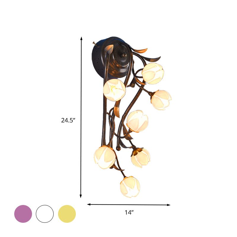 7 Lights Flower Sconce Light Fixture Countryside White/Pink/Yellow Glass Wall Mount Lighting for Bedroom