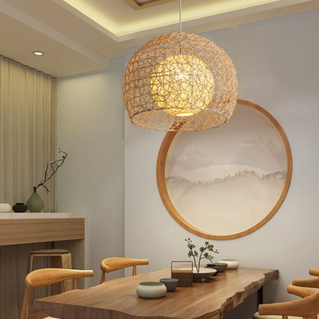 1 Light Half-circle Pendant Asia Rattan Ceiling Pendant Light with Hanging Cord for Bedroom