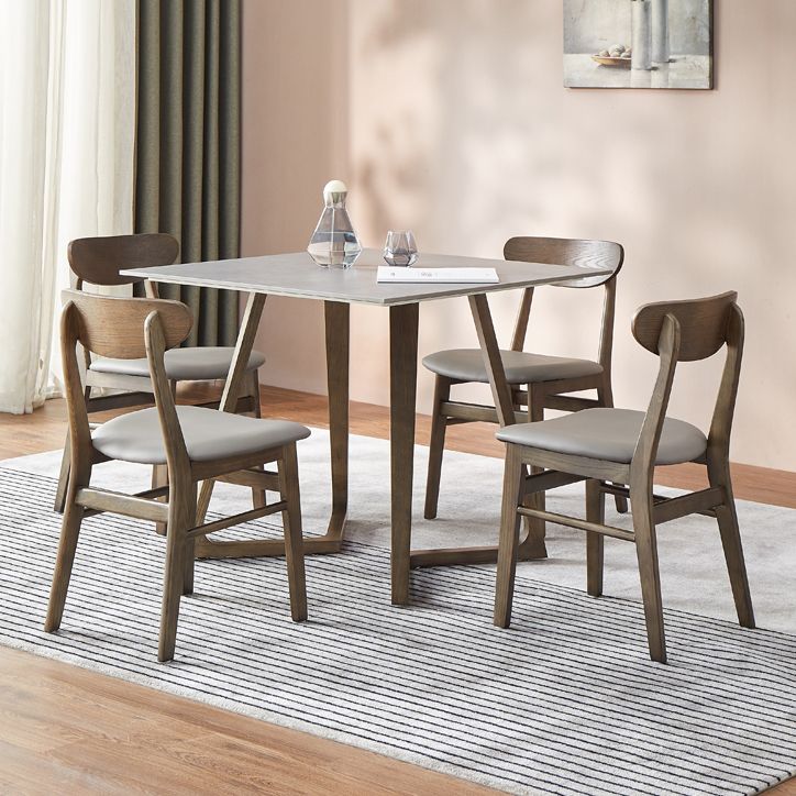 Square Grey Tone Dining Table Sintered Stone Table Industrial with Double Pedestal