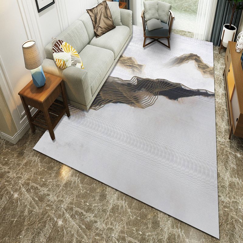 Polyester Modernist Gray Area Rug with Ink Paint and Gold Line Machine Washable Rug for Living Room