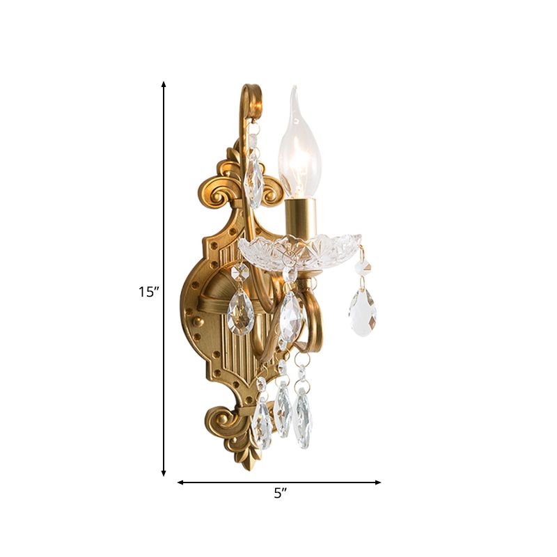 1/2 Lights Metal Wall Lamp Vintage Gold Candle Living Room Sconce Light Fixture with Crystal Draping