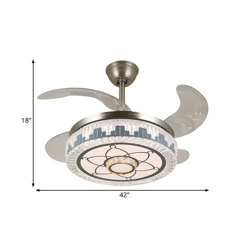 Roestvrijstalen LED-hangende ventilatorlamp Moderne heldere kristallen blokken rond semi-spoellicht met 4 messen, 19 "breedte