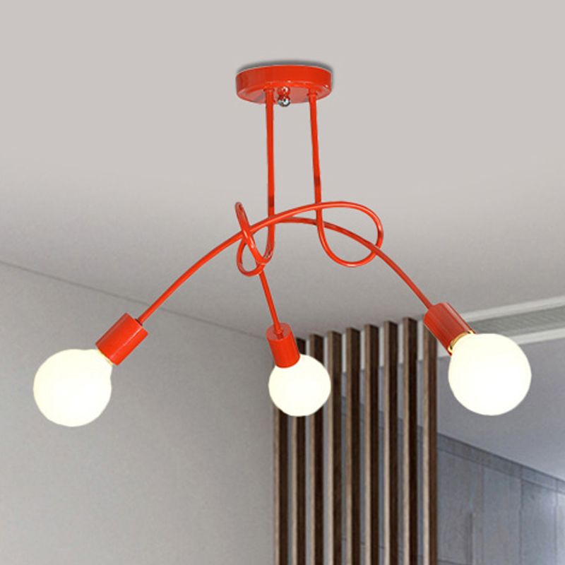 Curved Arm Semi Flush Lighting Contemporary Metal 3/5 Lights Blue/Red Semi Flush Ceiling Lamp Fixture