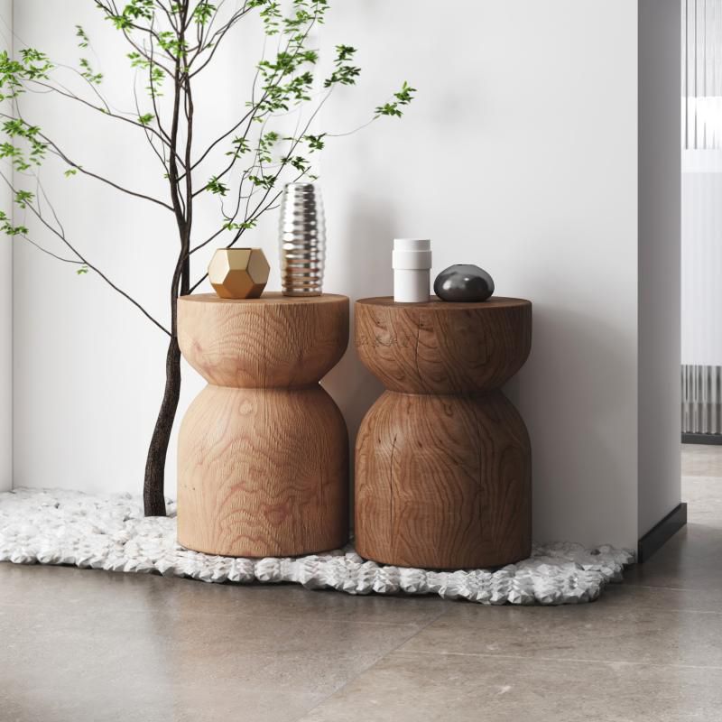 Square Block Base Design Cocktail Table Solid Wood Round Coffee Table