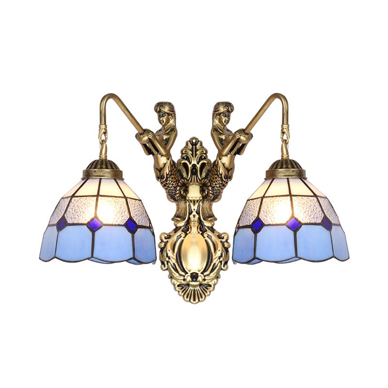 Blue Glass Brass Wall Light Fixture Dome 2 Heads Tiffany Sconce Lighting with Mermaid Backplate