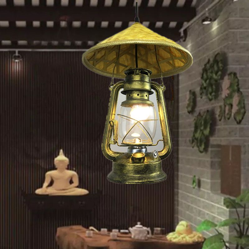 Lodge Style Hat Anhänger Leichtes Rattan 1 Leichter Esszimmer Hängende Lampe mit Metalllaterne in Messing, 12 "/18" W.