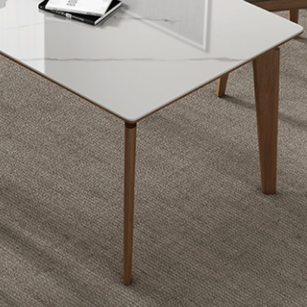 Mid-Century Modern Rectangle Dining Table White Sintered Stone Table with 4 Ash Solid Wood Legs