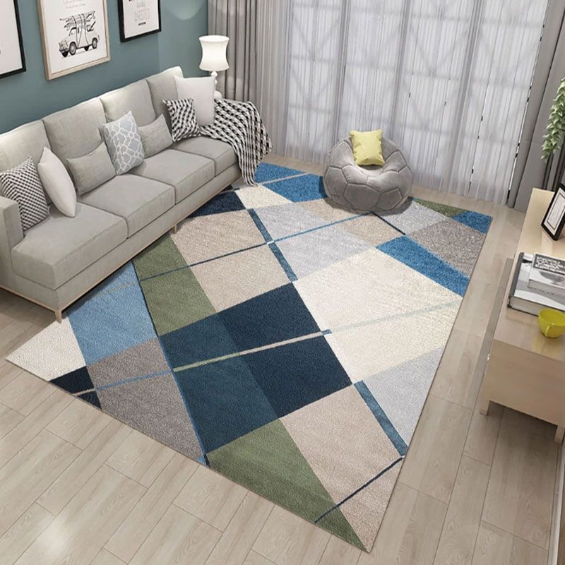 Blue Modern Area Carpet Geometric Print Area Rug Polyester Non-Slip Backing Rug for Home Decor