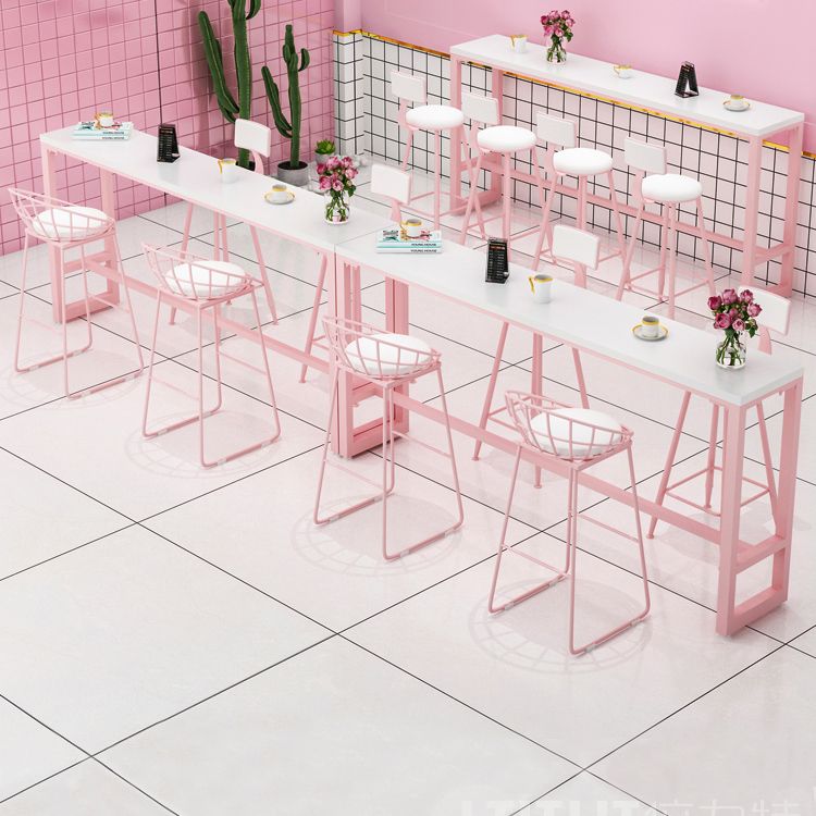 Glam Rectangle Bar Stool Table White Top Pub Table with Pink Base