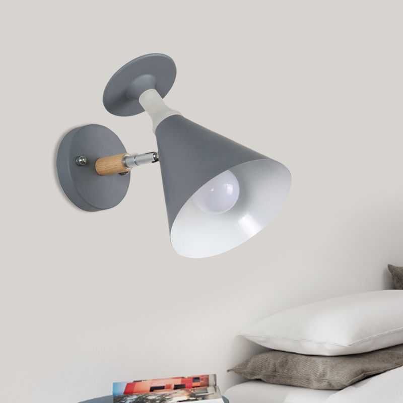 Rotatable Cone Wine Cup Wall Mounted Lamp Nordic Iron Single Bulb Grey/White Sconce Light with Wood Accent