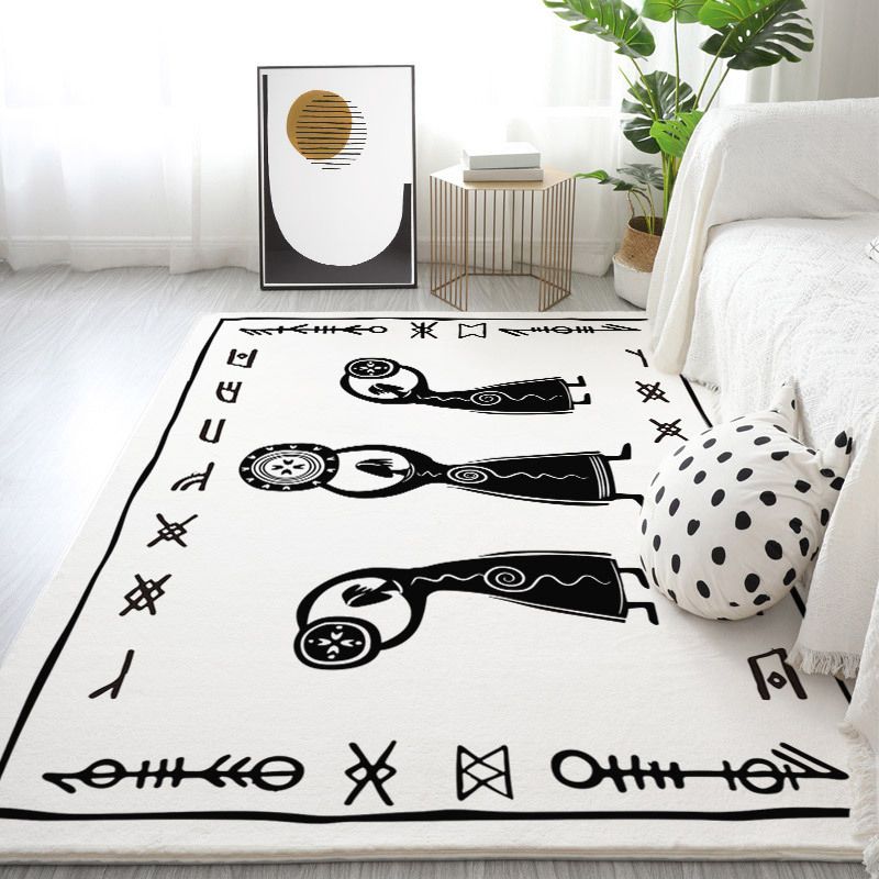 White Modern Rug Polyester Line Area Rug Non-Slip Backing Rug for Drawing Room