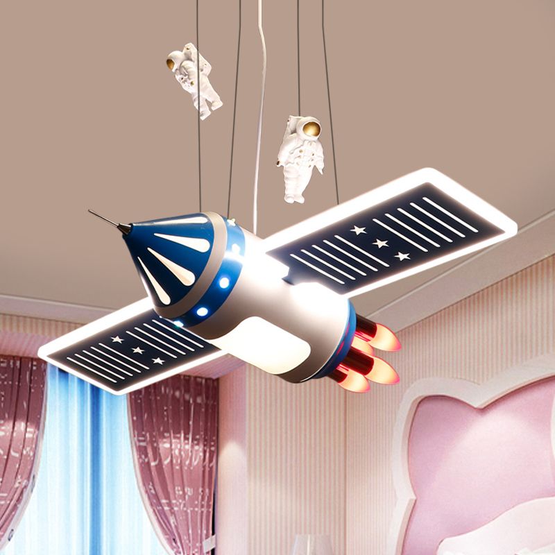 Spaceship Chandelier Light Fixture Cartoon Metal 4 Bulbs Red/Blue Hanging Pendant Lamp for Nursery