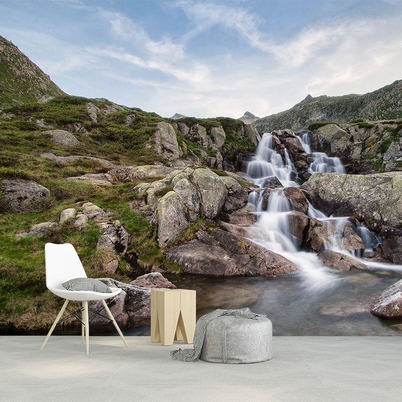 Modern Waterfalls Wallpaper Mural Brown Mountain and Rivulet Scenery Wall Covering