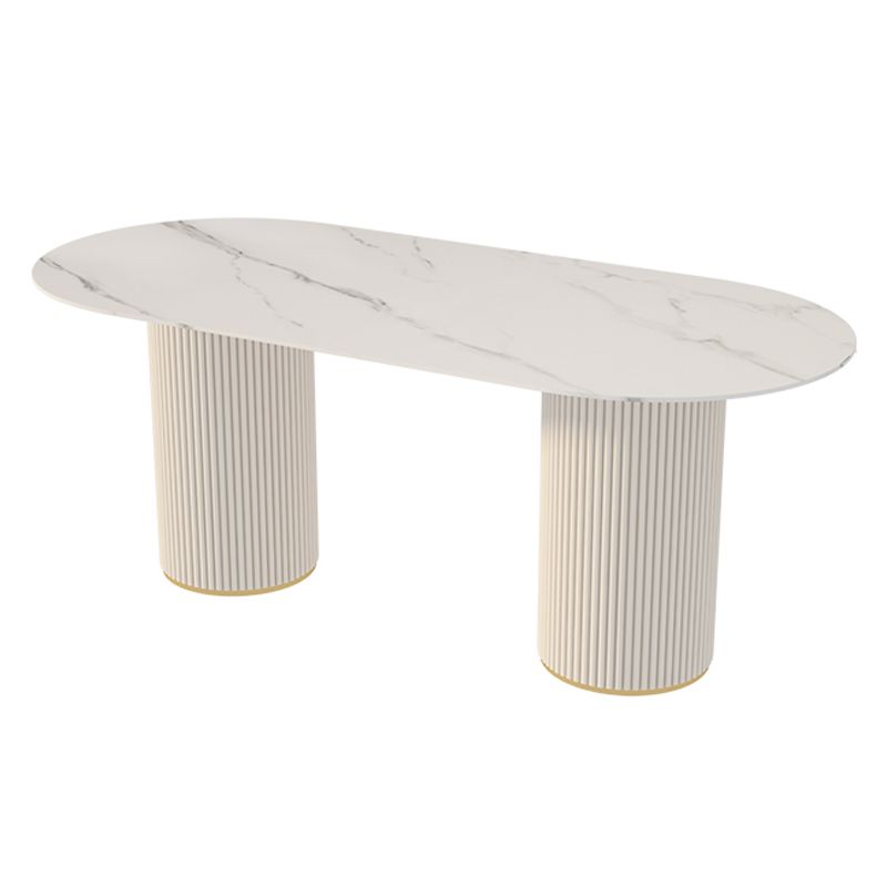 Moderne witte tafel van gesinterd steenblad voor restaurant Ovale tafel met dubbele voetstukbasis