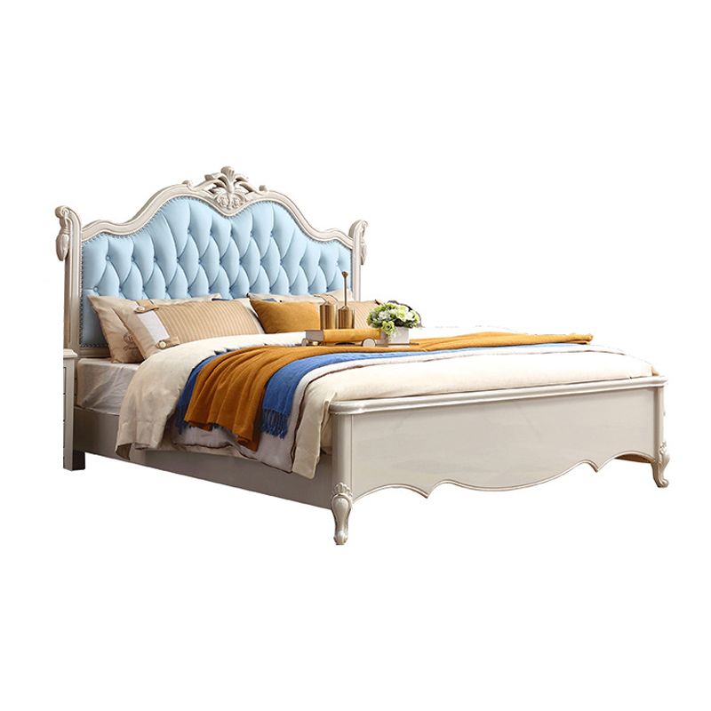 84.65 inch Wide Victorian Standard Bed Rubberwood Bed Frame with Upholstered Headboard