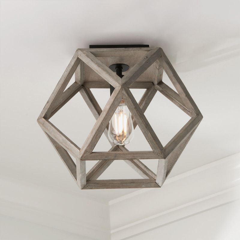 Beige Single Bulb Ceiling Lighting Minimalism Wood Candle-Like Flush Mount Fixture with Pentagon Cage