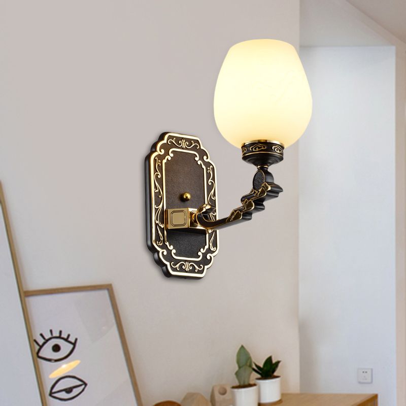 Classic Cup-like Wall Sconce 1-Head Cream Glass Etching Wall Mounted Lighting in Black