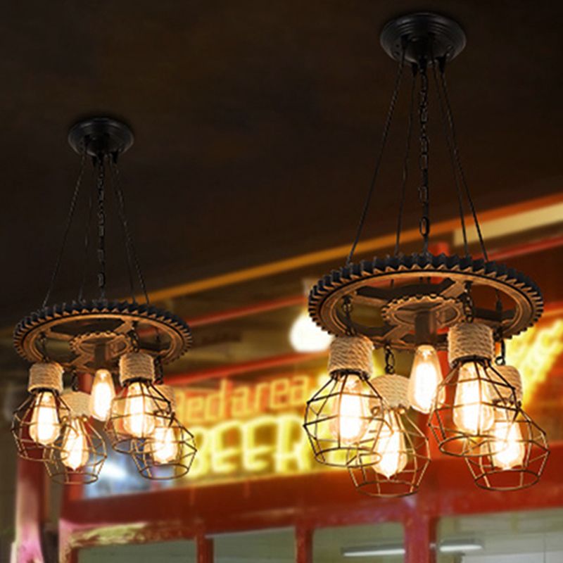 5 Lichter Metall und Seil Anhänger Kronleuchter Industrial Black Globe Esszimmer Hängende Deckenbehandlung mit Zahnradregal