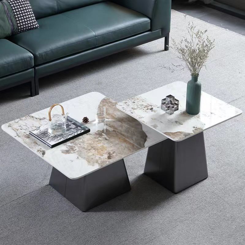 Round Slate Top Cocktail Table with Black Metal Base Contemporary