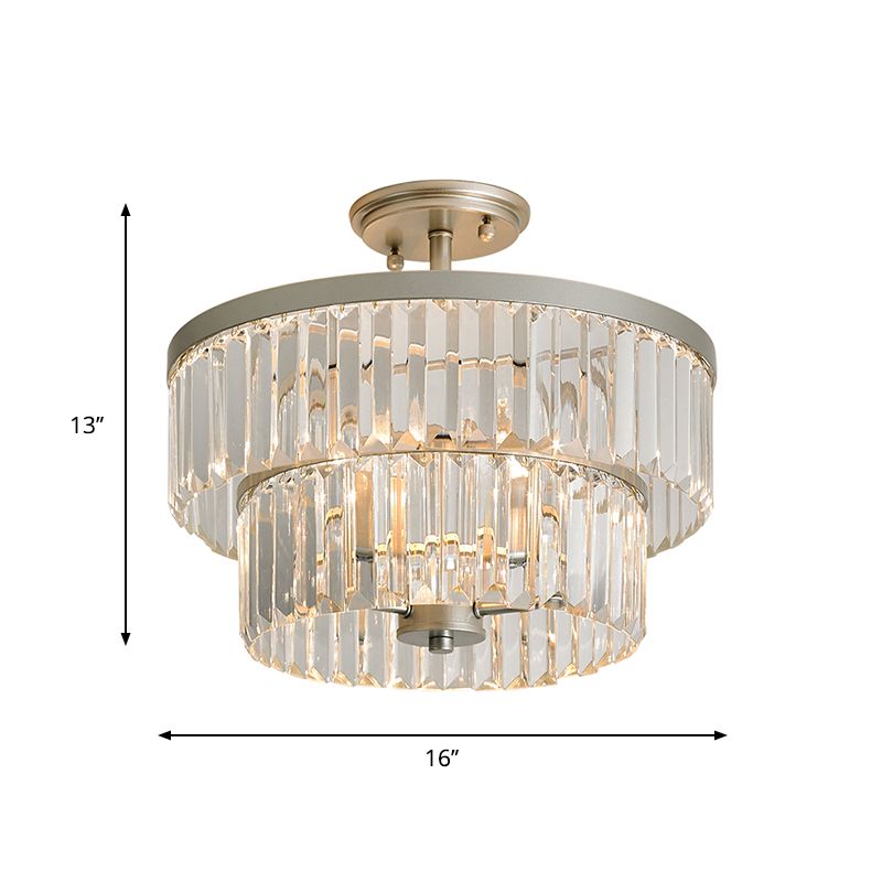 3 Bulbs Semi Flush Light with 2-Tier Cylinder Shade Clear Crystal Modern Dinning Room Ceiling Lamp