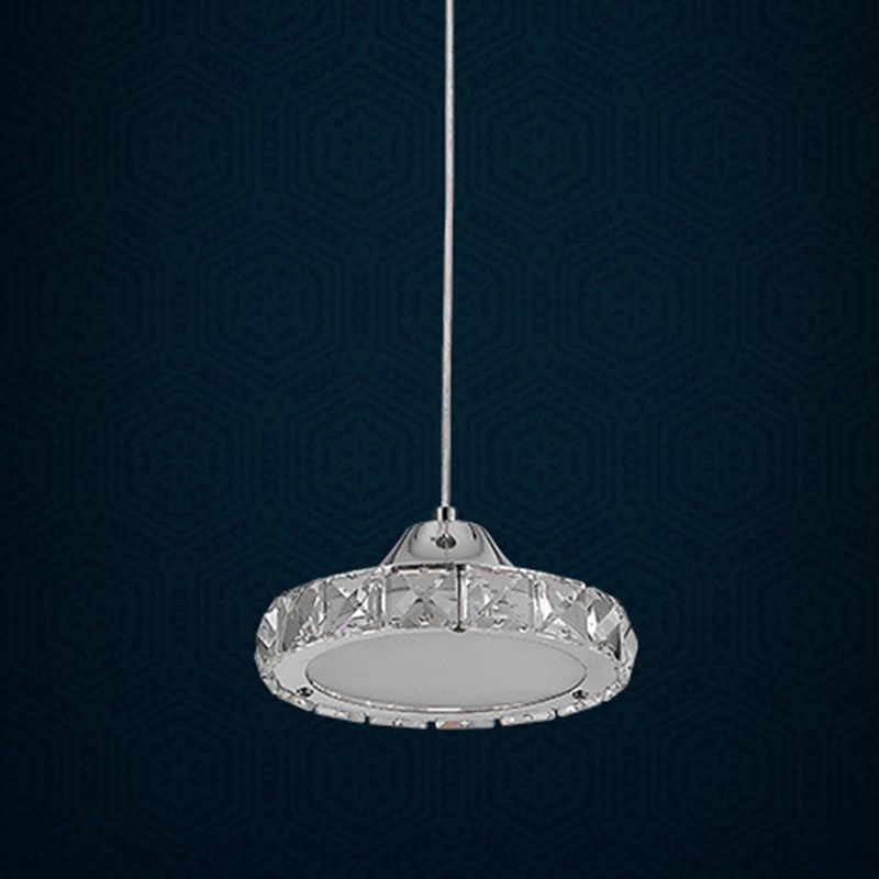 Chrome Finish Circular LED Pendant Modern Crystal Embedded Hanging Ceiling Light