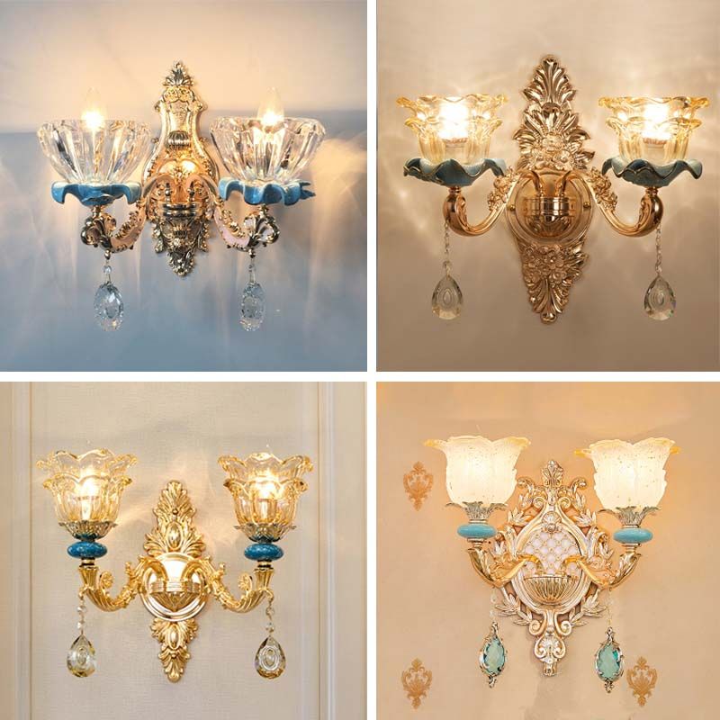 Flower Shade Living Room Wall Light Classic Carved Glass Gold Wall Lighting Fixture