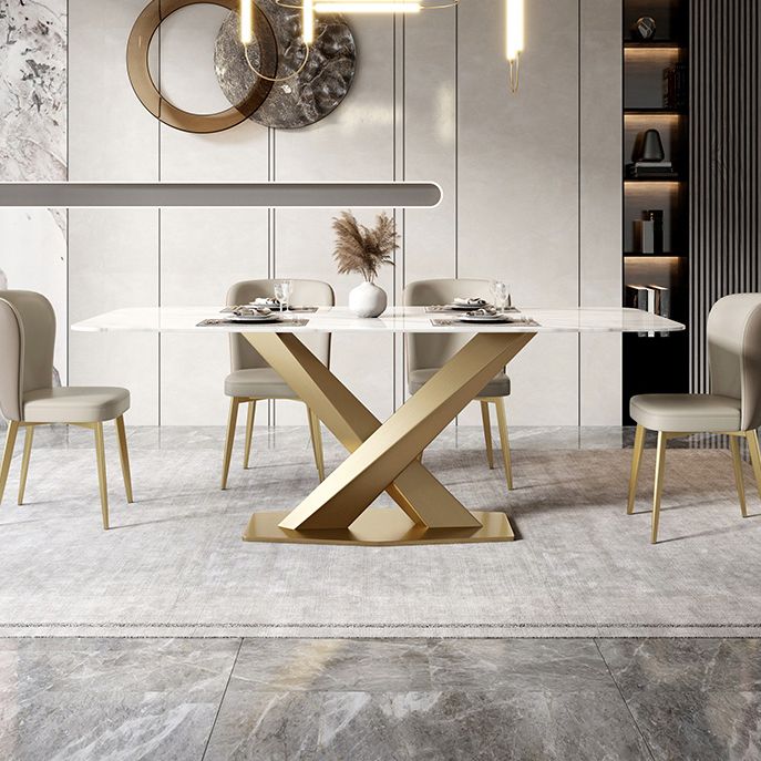 Metal Traditional Luxury Rectangle Table White Sintered Stone Table with Pedestal