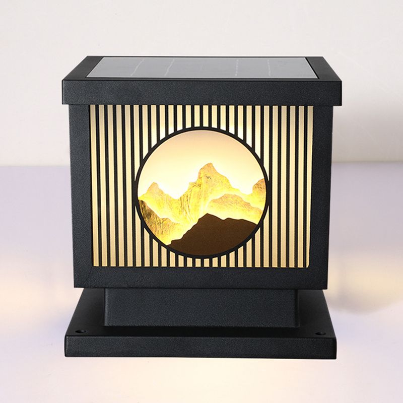 Modern Metal Solar Pillar Lamp Square Shape Outdoor Waterproof Light in Black