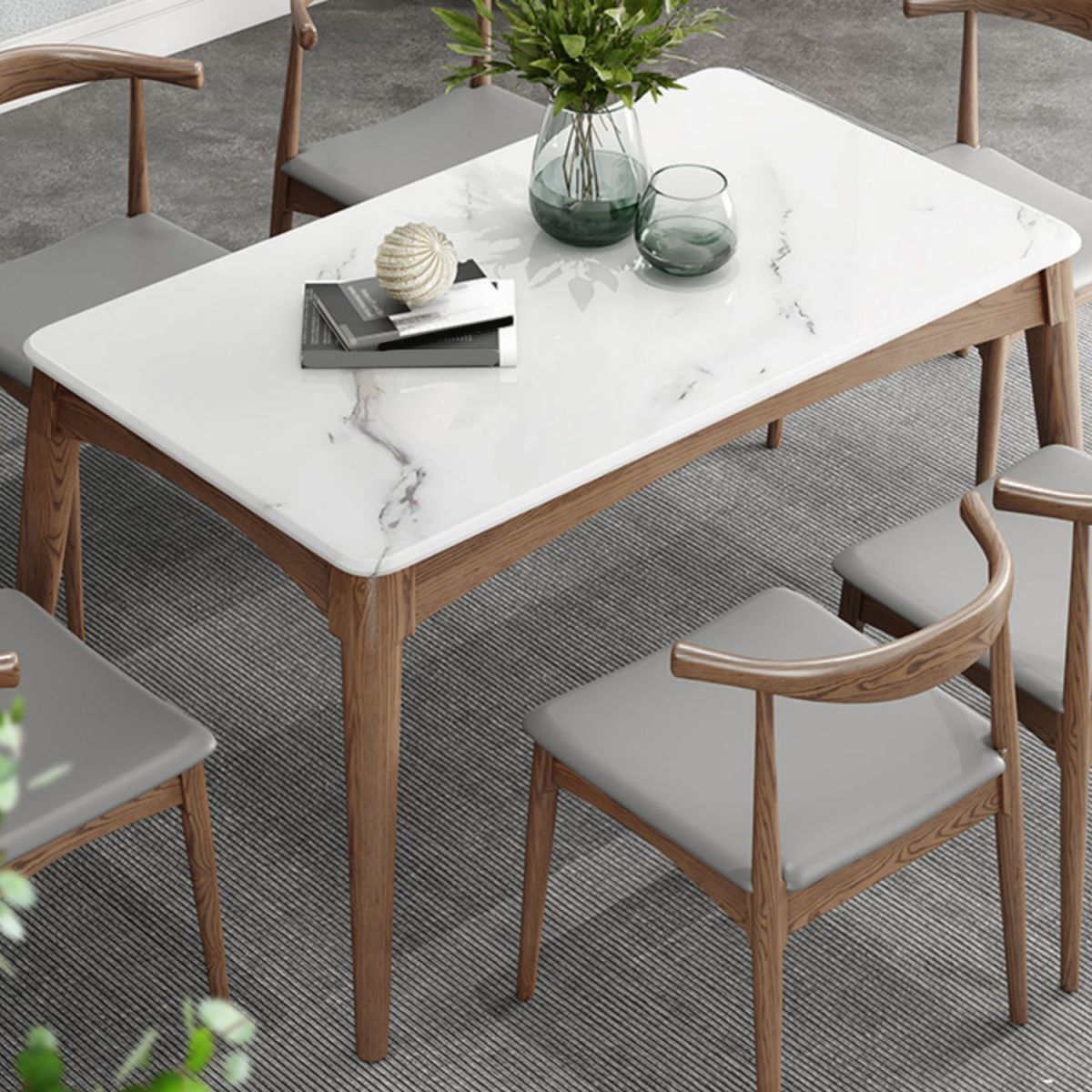 Mid-Century Modern Dining Table Stone Top Table with 4 Wood Legs