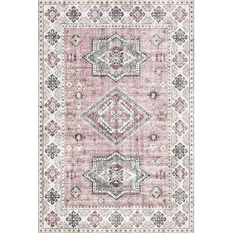 Retro Tribal Flower Pattern Rug Pink and Grey Polyester Rug Washable Pet Friendly Anti-Slip Carpet for Living Room