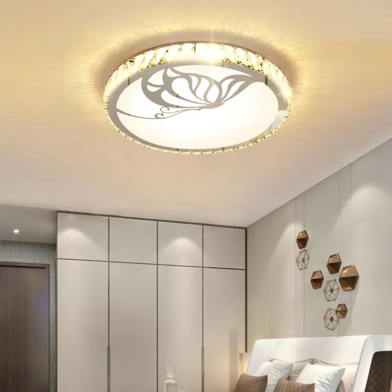 Crystal Round Ceiling Fixture Modernist LED White Flush Light in Warm/White Light with Butterfly/Petal Pattern