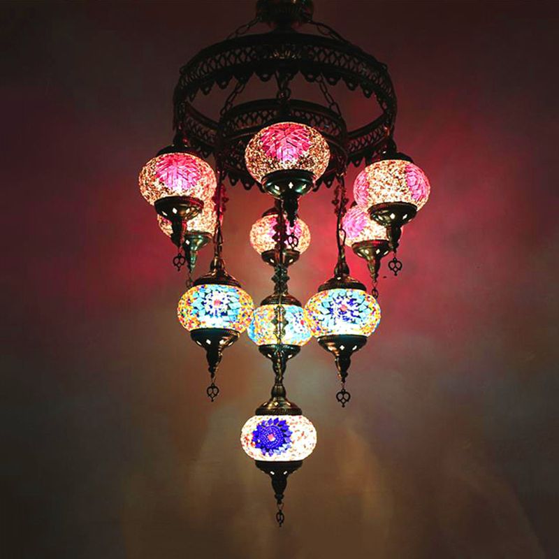 10 Heads Oval Hanging Light Fixture Traditional Red/Pink/Yellow Multicolored Stained Glass Chandelier Lamp
