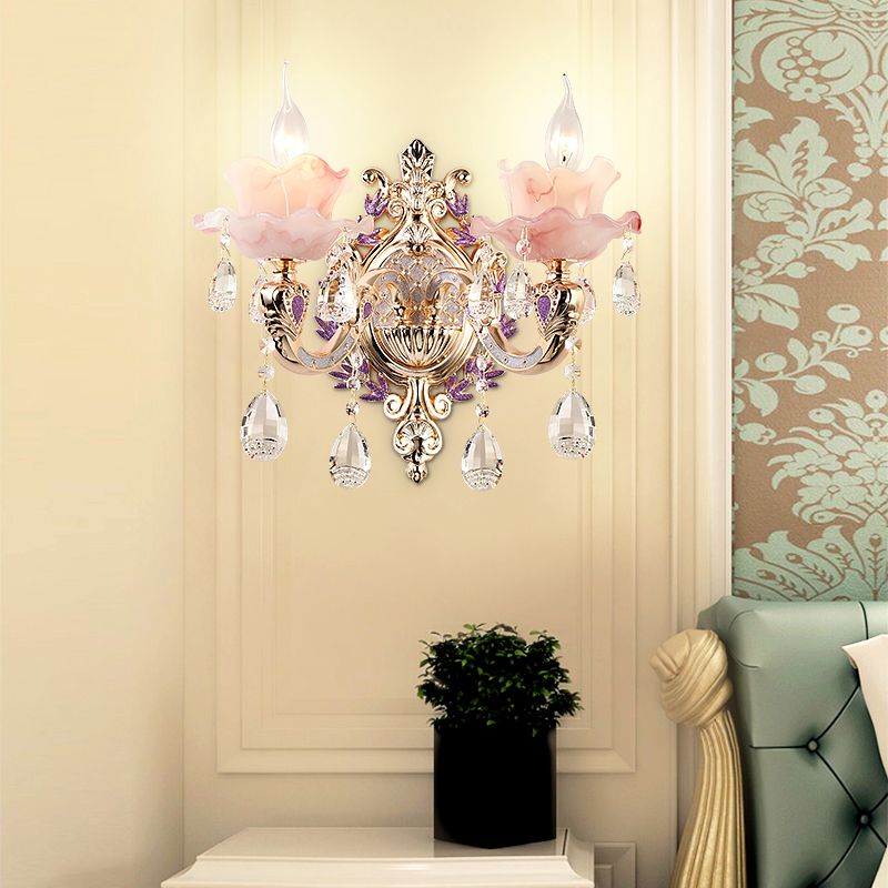 Gouden bloemen ruche wandlamp retro roze glas woonkamer wandlamp met hangende kristal