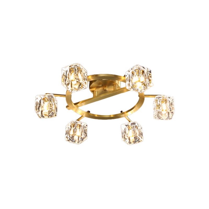 Gold Ring Semi-Flush Mount Modern Clear Crystal Cube Shade 6/8 Bulbs Great Room Ceiling Mounted Light