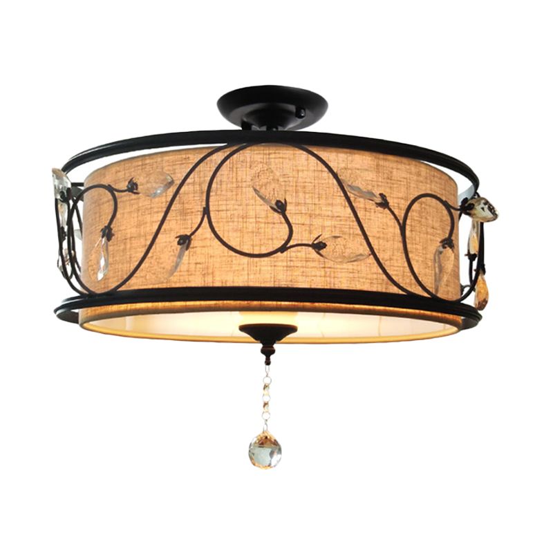 Luz de montaje de semi flush negro de 4 luces 14 "/21.5" Dia Rama rústica Luz de techo de hierro con sombra de tela y drapeado de cristal