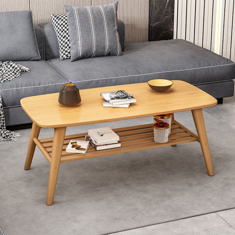 Nordic Style Rectangular Solid Wood 4 Legs Base with Storage Rack Coffee Table