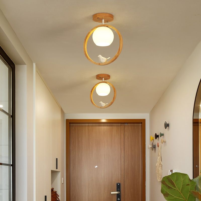 Contemporary Globe Flush Light Fixture Wood 1 Light Flush Mount Ceiling Fixture in Brown