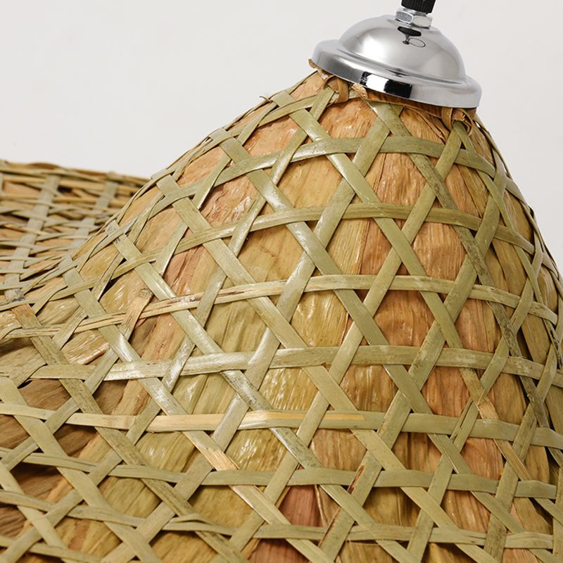 Straw Hat Suspension Lighting Asian Bamboo 1 Bulb Beige Ceiling Pendant for Restaurant